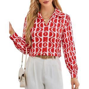 imageGRACE KARIN Womens Satin Silk Blouse Lapel V Neck Long Sleeve Casual Work Blouse Shirts Pullover TopsRed Ripple