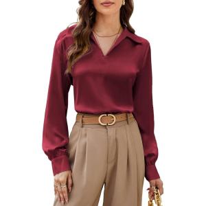 imageGRACE KARIN Womens Satin Silk Blouse Lapel V Neck Long Sleeve Casual Work Blouse Shirts Pullover TopsWine Red