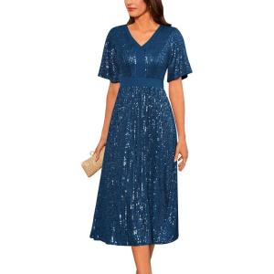 imageGRACE KARIN Womens Sequin V Neck Ruffle Sleeve Empire Waist Sparkly Glitter A Line Cocktail Formal DressesPeacock Blue