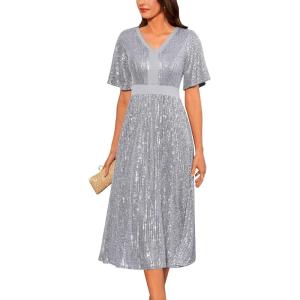 imageGRACE KARIN Womens Sequin V Neck Ruffle Sleeve Empire Waist Sparkly Glitter A Line Cocktail Formal DressesSilver