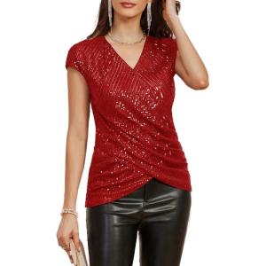 imageGRACE KARIN Womens Sparkle Sequin Top Shimmer Glitter Blouse Twist Front V Neck Cap Sleeve Club Party ShirtBright Red