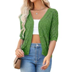 imageGRACE KARIN Womens Summer Short Sleeve Cropped Cardigan Sweaters Crochet Knit Shrug Open Front VNeck Button up TopsGreen