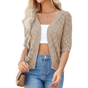 imageGRACE KARIN Womens Summer Short Sleeve Cropped Cardigan Sweaters Crochet Knit Shrug Open Front VNeck Button up TopsKhaki