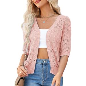 imageGRACE KARIN Womens Summer Short Sleeve Cropped Cardigan Sweaters Crochet Knit Shrug Open Front VNeck Button up TopsLight Pink