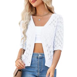imageGRACE KARIN Womens Summer Short Sleeve Cropped Cardigan Sweaters Crochet Knit Shrug Open Front VNeck Button up TopsLight White