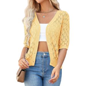 imageGRACE KARIN Womens Summer Short Sleeve Cropped Cardigan Sweaters Crochet Knit Shrug Open Front VNeck Button up TopsLight Yellow