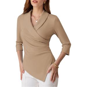 imageGRACE KARIN Womens V Neck Casual Work Tops 34 Sleeve Office Dressy Blouse Top Asymmetrical Elegant ShirtsKhaki