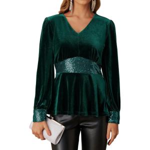 imageGRACE KARIN Womens V Neck Velvet Party Tops Long Sleeve Sparkly Sequin Peplum Cockatail Formal Fall Winter Blouse TopsGreen