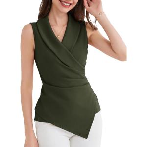 imageGRACE KARIN Womens Wrap V Neck Casual Work Tops Sleeveless Office Dressy Summer Blouse Top Asymmetrical Elegant ShirtsArmy Green