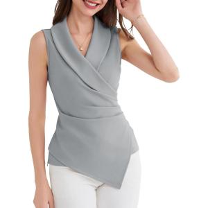 imageGRACE KARIN Womens Wrap V Neck Casual Work Tops Sleeveless Office Dressy Summer Blouse Top Asymmetrical Elegant ShirtsGrey