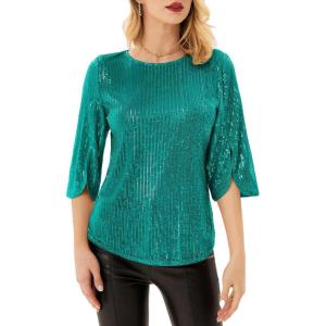 imageWomens Sparkle Sequin Party Blouse Tops Shimmer Glitter 34 Slit Sleeve Dressy TopsBlue Green