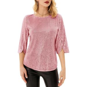 imageWomens Sparkle Sequin Party Blouse Tops Shimmer Glitter 34 Slit Sleeve Dressy TopsLight Pink