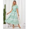 imageGRACE KARIN Womens 2025 Summer Floral Flowy Dresses Boho Tie Belt Short Puff Sleeve A Line Maxi Shirt Dress with PocketGreen White