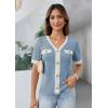 imageGRACE KARIN Womens Short Sleeve V Neck Summer Tops Ribbed Knit Slim Fitted Work Shirts Color Block Button Casual BlousesLight Blue