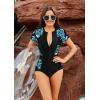 imageGRACE KARIN Womens Swimwear Rash Guard Short Sleeves Zip Front Round Neck One Piece Bathing SuitBlue  Black