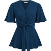 imageGRACE KARIN 2024 Womens Elegant V Neck Peplum Tops Tie Front Short Bell Sleeve Shirts Tops BlouseDark Blue