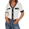 imageGRACE KARIN Womens Short Sleeve V Neck Summer Tops Ribbed Knit Slim Fitted Work Shirts Color Block Button Casual BlousesWhite