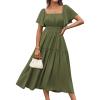 imageGRACE KARIN Womens Summer Short Sleeve Square Neck Smocked Waist Casual Vacation Tiered Flowy Maxi DressArmy Green