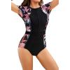 imageGRACE KARIN Womens Swimwear Rash Guard Short Sleeves Zip Front Round Neck One Piece Bathing SuitRed Leavesblack