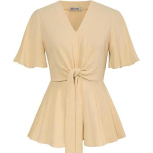 imageGRACE KARIN 2024 Womens Elegant V Neck Peplum Tops Tie Front Short Bell Sleeve Shirts Tops BlouseCrinkly Apricot