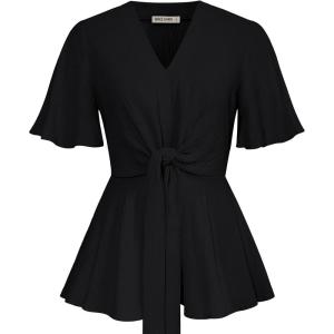 imageGRACE KARIN 2024 Womens Elegant V Neck Peplum Tops Tie Front Short Bell Sleeve Shirts Tops BlouseCrinkly Black