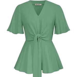 imageGRACE KARIN 2024 Womens Elegant V Neck Peplum Tops Tie Front Short Bell Sleeve Shirts Tops BlouseCrinkly Light Green