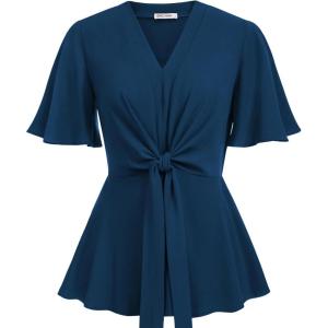 imageGRACE KARIN 2024 Womens Elegant V Neck Peplum Tops Tie Front Short Bell Sleeve Shirts Tops BlouseDark Blue