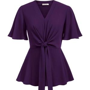 imageGRACE KARIN 2024 Womens Elegant V Neck Peplum Tops Tie Front Short Bell Sleeve Shirts Tops BlouseDark Purple