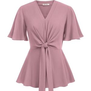 imageGRACE KARIN 2024 Womens Elegant V Neck Peplum Tops Tie Front Short Bell Sleeve Shirts Tops BlouseGray Pink