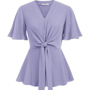 imageGRACE KARIN 2024 Womens Elegant V Neck Peplum Tops Tie Front Short Bell Sleeve Shirts Tops BlouseLilac