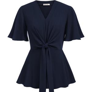 imageGRACE KARIN 2024 Womens Elegant V Neck Peplum Tops Tie Front Short Bell Sleeve Shirts Tops BlouseNavy Blue1