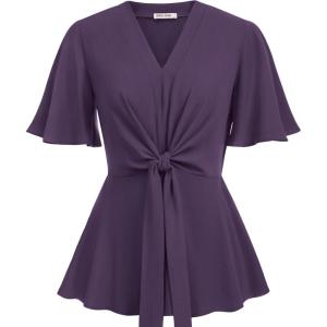 imageGRACE KARIN 2024 Womens Elegant V Neck Peplum Tops Tie Front Short Bell Sleeve Shirts Tops BlousePurple