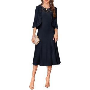 imageGRACE KARIN 2025 Mother of The Bride Dress with Jacket Women Stretchy Lace 2 Piece Wedding Guest DressesNavy Blue