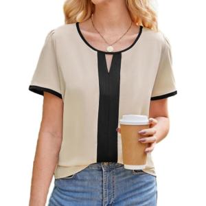 imageGRACE KARIN 2025 Womens Dressy Casual Tops Color Block Business Work Blouses Summer Keyhole Short Sleeeve Shirt OutfitsApricot
