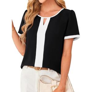 imageGRACE KARIN 2025 Womens Dressy Casual Tops Color Block Business Work Blouses Summer Keyhole Short Sleeeve Shirt OutfitsBlack