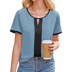 imageGRACE KARIN 2025 Womens Dressy Casual Tops Color Block Business Work Blouses Summer Keyhole Short Sleeeve Shirt OutfitsBlue