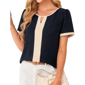 imageGRACE KARIN 2025 Womens Dressy Casual Tops Color Block Business Work Blouses Summer Keyhole Short Sleeeve Shirt OutfitsNavy Blue