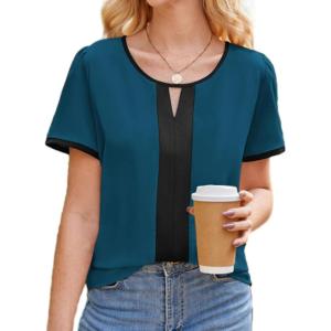 imageGRACE KARIN 2025 Womens Dressy Casual Tops Color Block Business Work Blouses Summer Keyhole Short Sleeeve Shirt OutfitsPeacock Blue