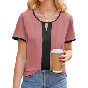 imageGRACE KARIN 2025 Womens Dressy Casual Tops Color Block Business Work Blouses Summer Keyhole Short Sleeeve Shirt OutfitsPink