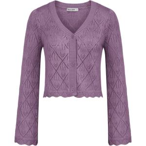 imageGRACE KARIN Cardigan Sweaters for Women Lightweight Button Down Open Front Short Crochet Shrug Long Sleeve V Neck 2024Purple