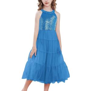 imageGRACE KARIN Girls Halter Neck Sequin Dress Sparkly Formal Party Prom Pageant Graduation Tulle Dresses Size 512Blue