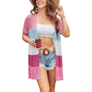 imageGRACE KARIN Mesh Cardigan Sweaters for Women Crochet Short Sleeve Openfront Long Cardigan Cover ups Knitted Sheer TopsMulticolorpink