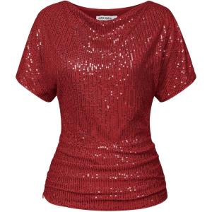 imageGRACE KARIN Women 2024 Summer Sequin Top Cowl Neck Batwing Sleeve Ruched Sparkly Glitter Party BlouseBright Red