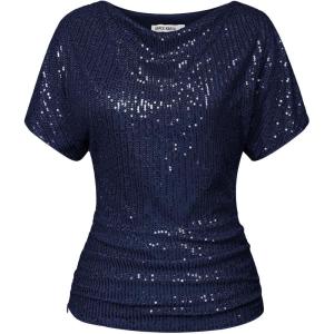 imageGRACE KARIN Women 2024 Summer Sequin Top Cowl Neck Batwing Sleeve Ruched Sparkly Glitter Party BlouseNavy Blue