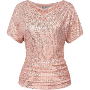 imageGRACE KARIN Women 2024 Summer Sequin Top Cowl Neck Batwing Sleeve Ruched Sparkly Glitter Party BlouseRose Gold