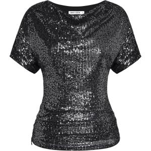 imageGRACE KARIN Women 2024 Summer Sequin Top Cowl Neck Batwing Sleeve Ruched Sparkly Glitter Party BlouseSilver Black