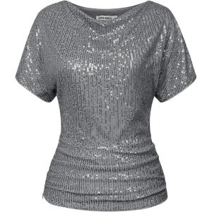 imageGRACE KARIN Women 2024 Summer Sequin Top Cowl Neck Batwing Sleeve Ruched Sparkly Glitter Party BlouseSilver Gray
