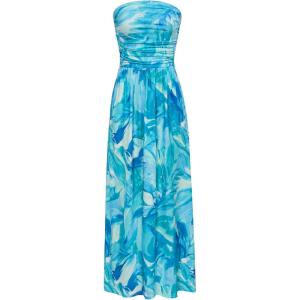 imageGRACE KARIN Women Strapless Casual Loose Ruched Long Maxi Dress with PocketsBlue Watercolor Flower