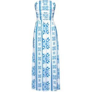imageGRACE KARIN Women Strapless Casual Loose Ruched Long Maxi Dress with PocketsStar Vertical Floral