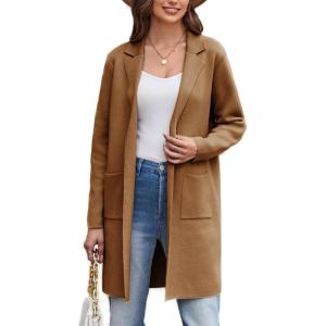 imageGRACE KARIN Womens 2024 Fashion Open Front Long Cardigan Sweaters Long Sleeve Lapel knit Sweater Jacket with PocketsBrown